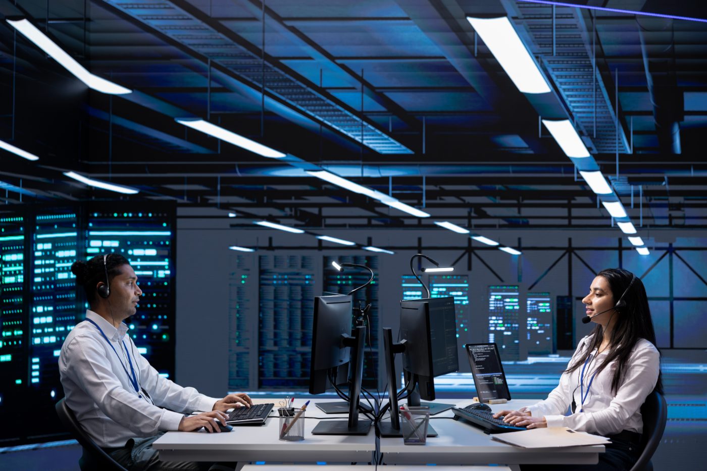 Operators overseeing equipment in a server farm